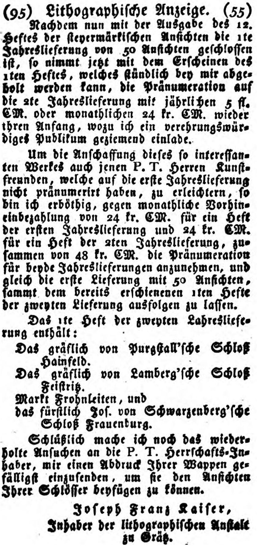 Annonce lithogr. Ansichten