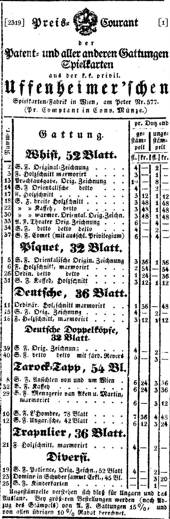 Preisliste 1839